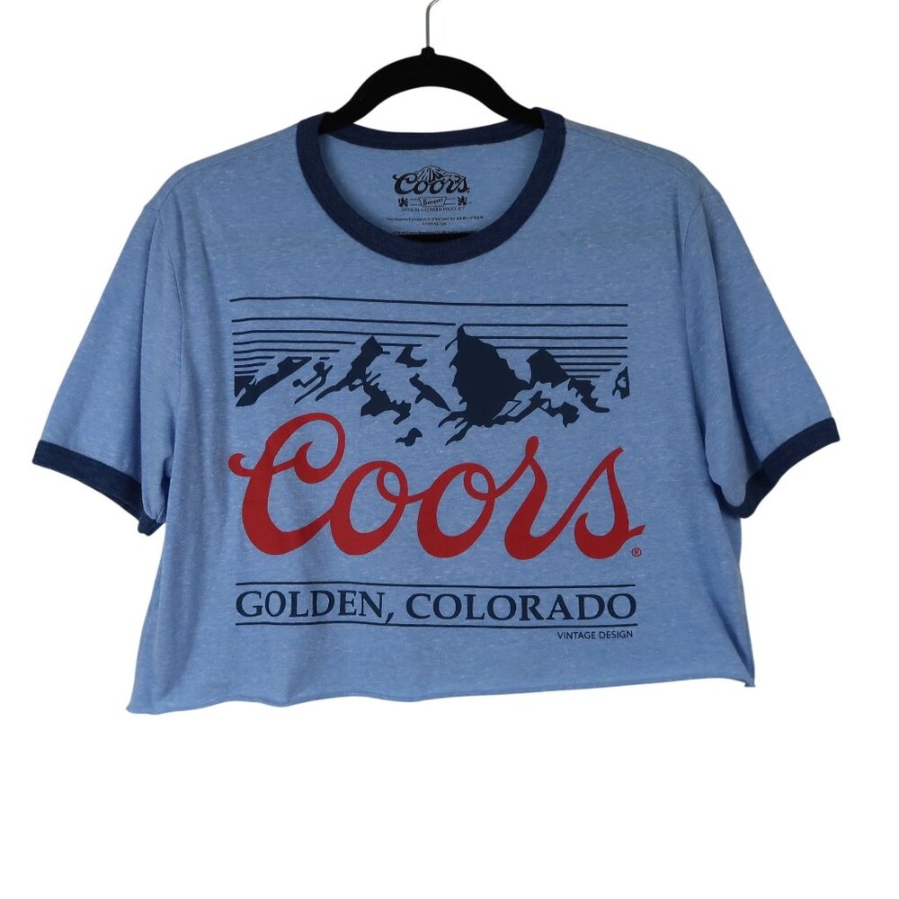 Coors Banquet Womens S M Blue Cropped Ringer T-Shirt Vintage Style Top